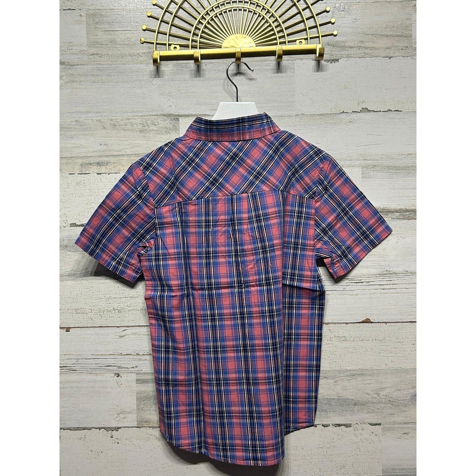 Tronjori Plaid Shirt Boys Size 10 Pink Navy Blue Short Sleeve Button Down NWT1