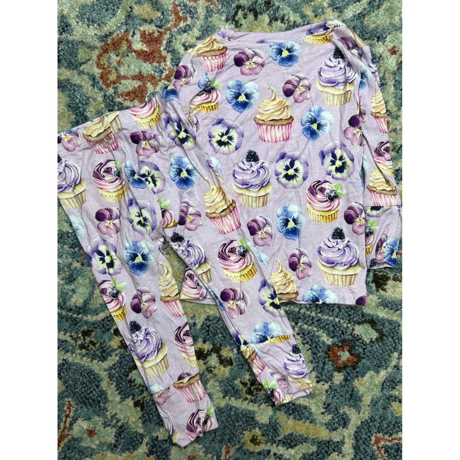 Lev Baby Pajama Set Baby Girl 6-12M Purple Cupcake Floral Bamboo EUC2