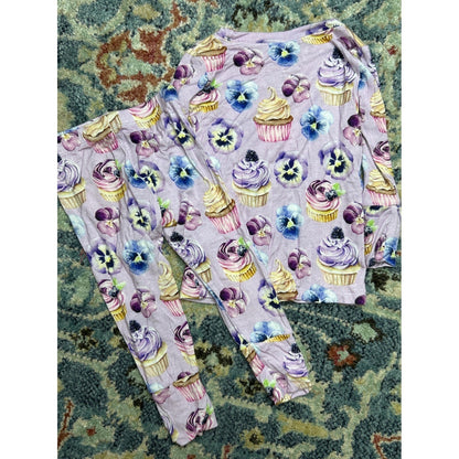 Lev Baby Pajama Set Baby Girl 6-12M Purple Cupcake Floral Bamboo EUC2