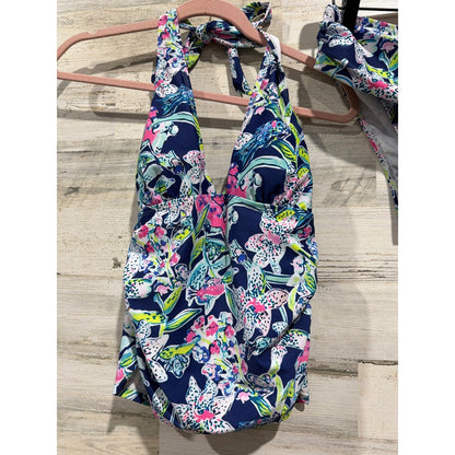 Boutique Tankini Swimsuit Women Medium Blue Floral Halter Tropical Preppy EUC1