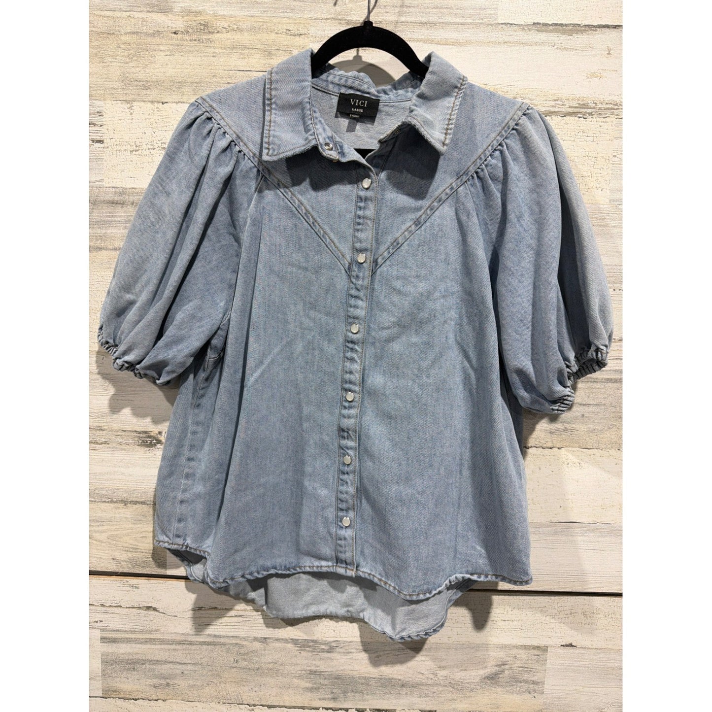Vici Denim Top Women Large Blue Puff Sleeve Western Button Down EUC0