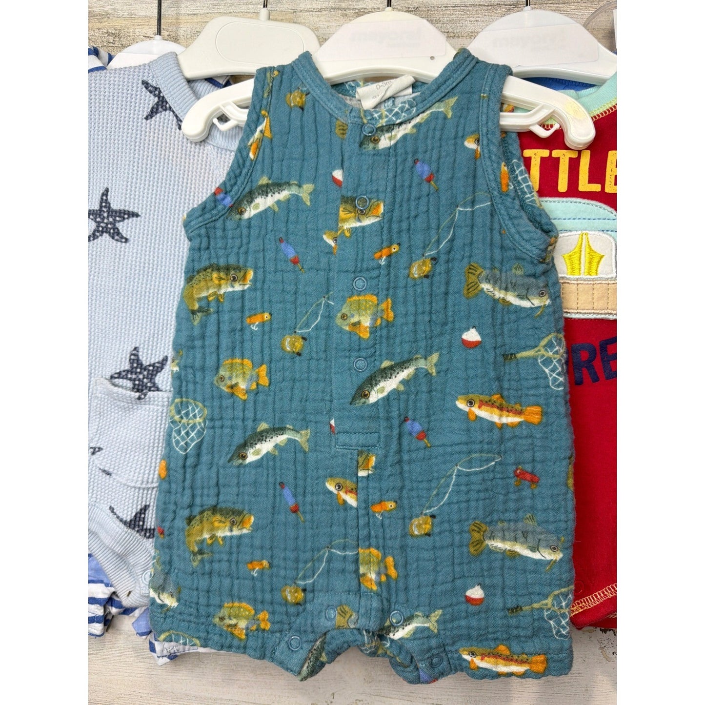 Romper Bundle Boys 0-3M 3M Blue Red Fish Star Nautical Vacay Resort Camp1