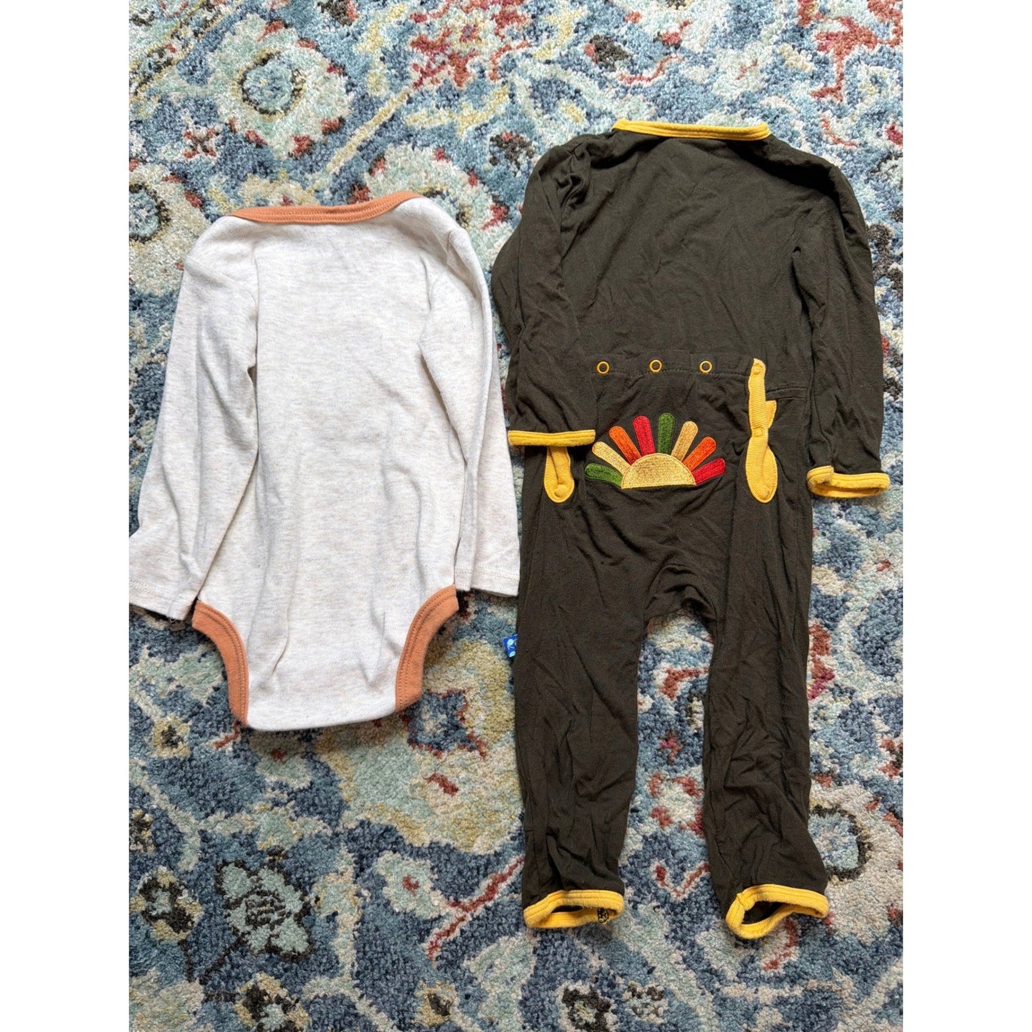 Kickee Pants Chick Pea Romper Bodysuit Boys 6-9M Brown White Thanksgiving EUC3
