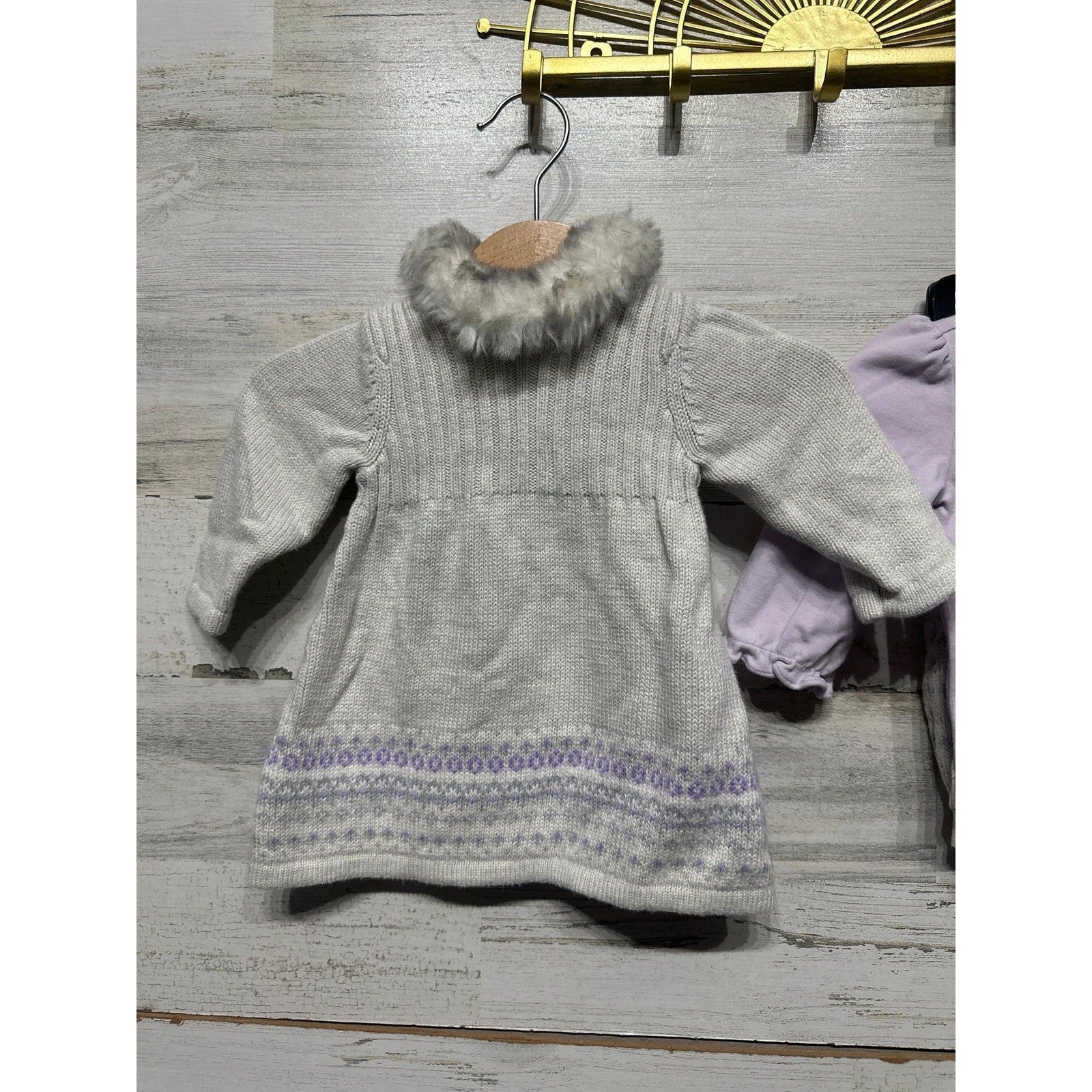 Janie and Jack Outfit Set Girls 0-3M Grey Lavender Faux Fur Bunny Knit3