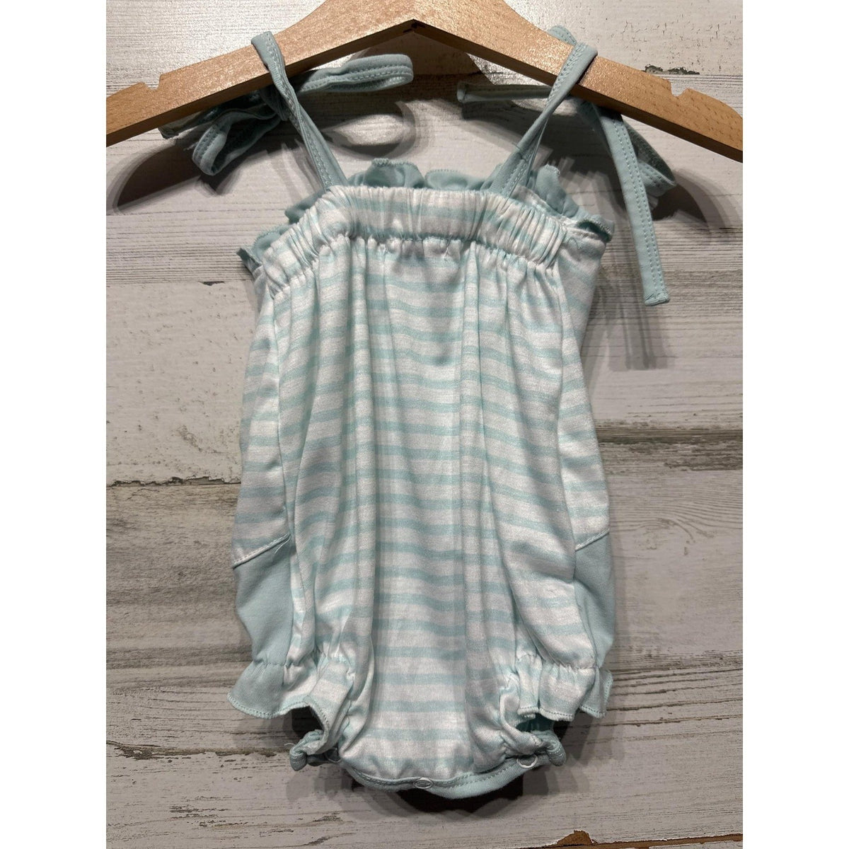 Abby & Evie Sailboat Romper Baby Girl 3M Blue Striped Nautical Sun EUC1