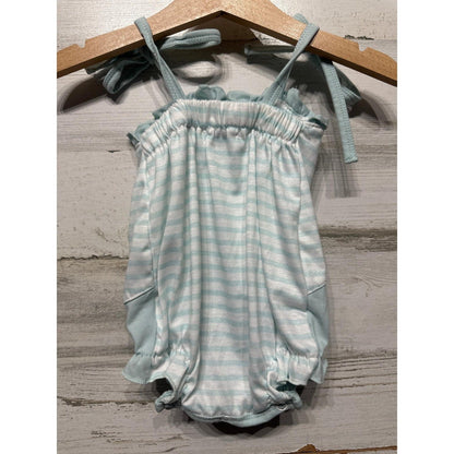 Abby & Evie Sailboat Romper Baby Girl 3M Blue Striped Nautical Sun EUC1