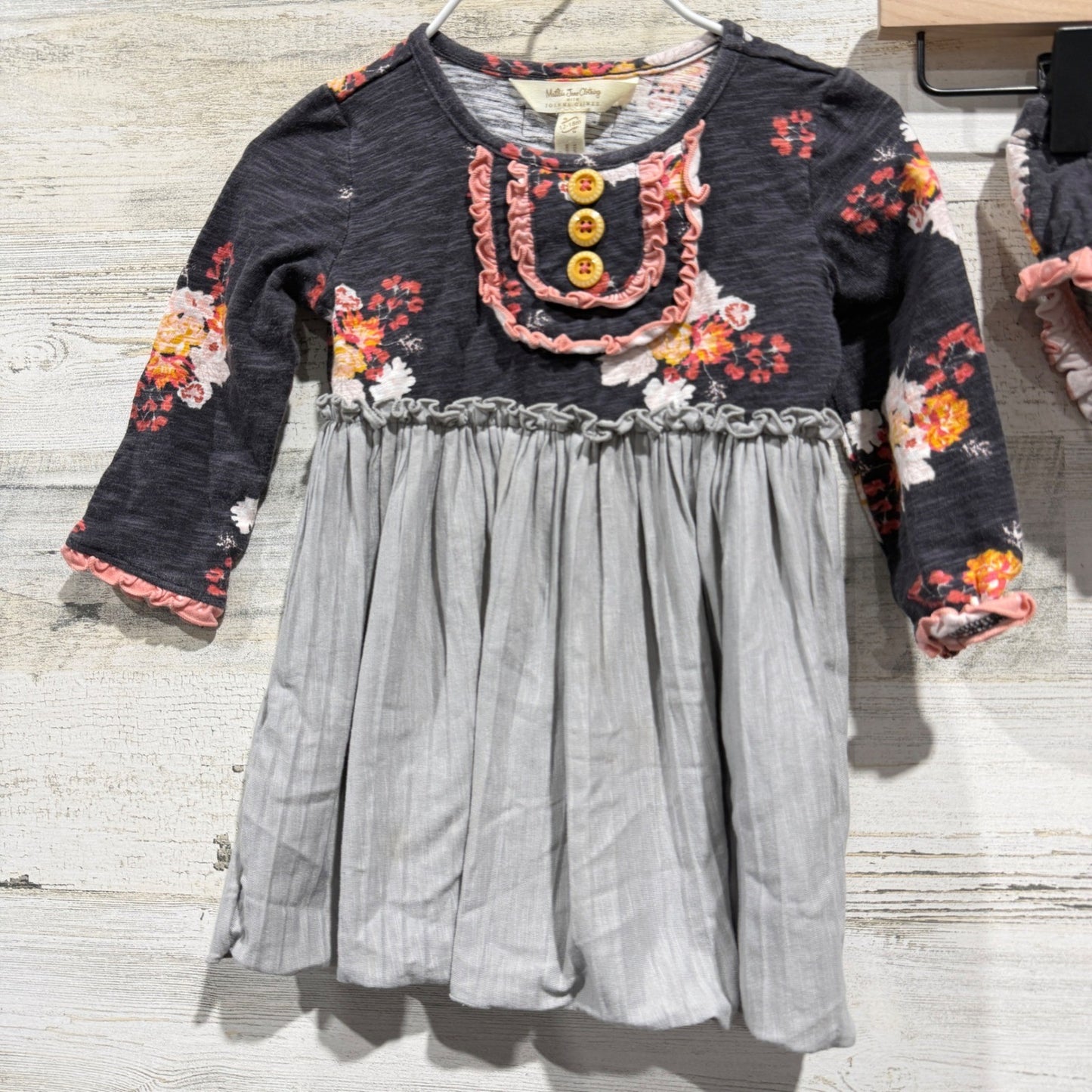 Matilda Jane Joanna Gaines Dress Set Girls 12-18M Grey Floral Ruffle EUC1