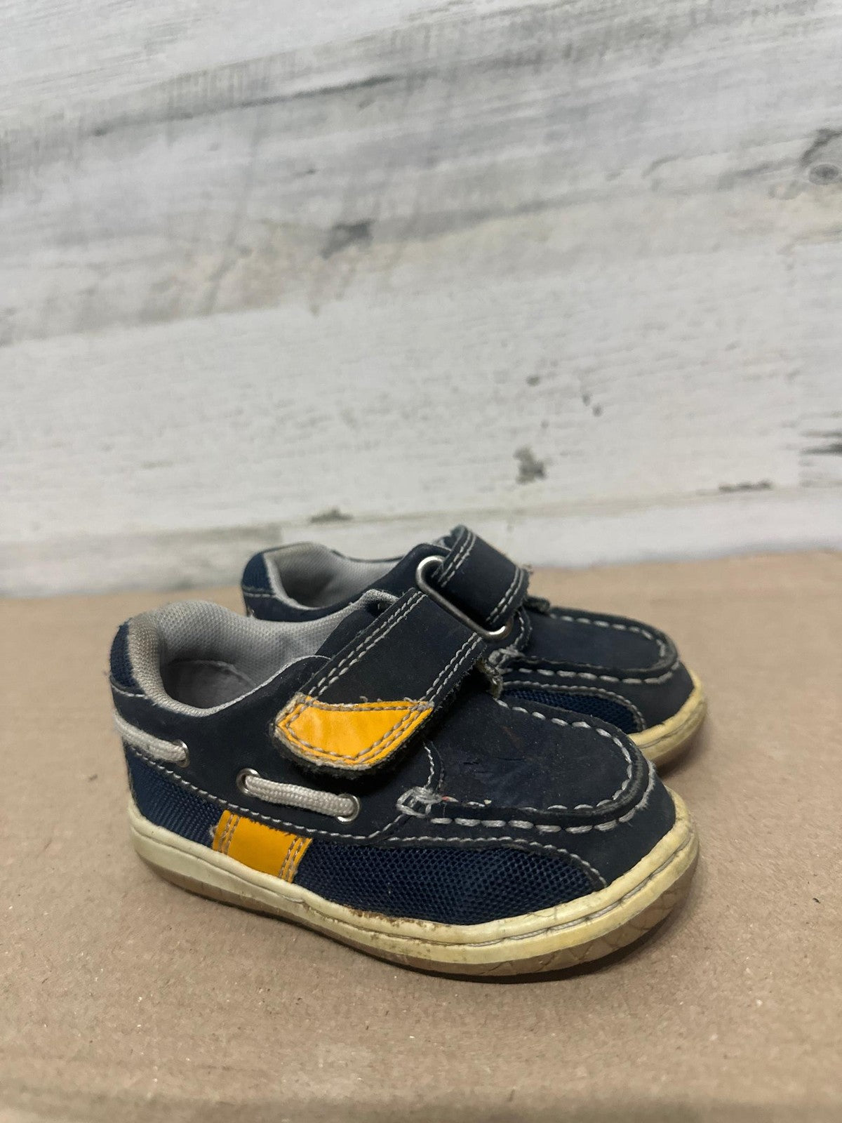 Jumping Jack Boat Shoes Boys 5.5W Navy Yellow Hook Loop Loafers Wide0