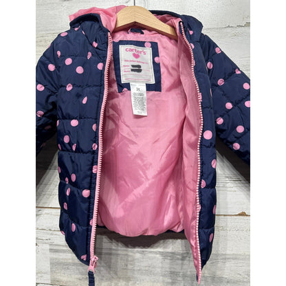 Carter's Puffer Jacket Girls 3T Navy Pink Polka Dot Hooded Zip Coat GUC*1