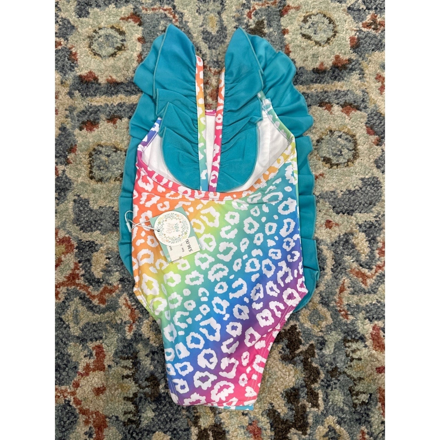 Gigi and Max Swimsuit Baby Girl 12M Rainbow Leopard Ruffle One Piece NWT1