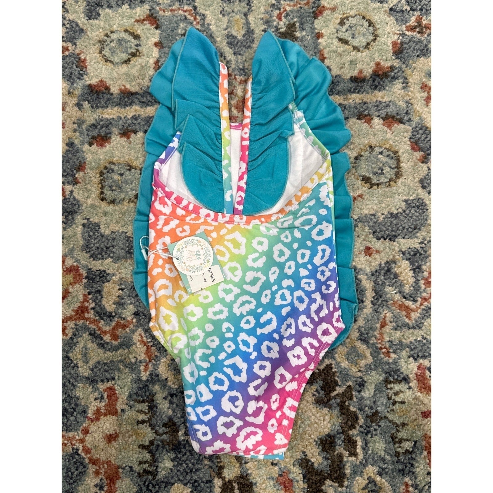 Gigi and Max Swimsuit Baby Girl 12M Rainbow Leopard Ruffle One Piece NWT1
