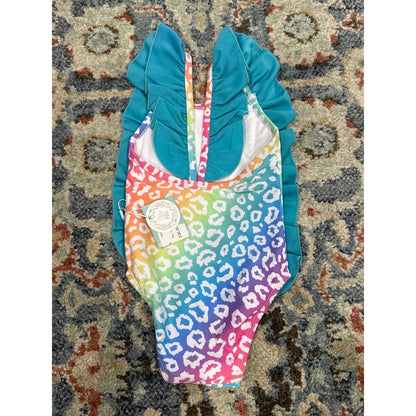 Gigi and Max Swimsuit Baby Girl 12M Rainbow Leopard Ruffle One Piece NWT1