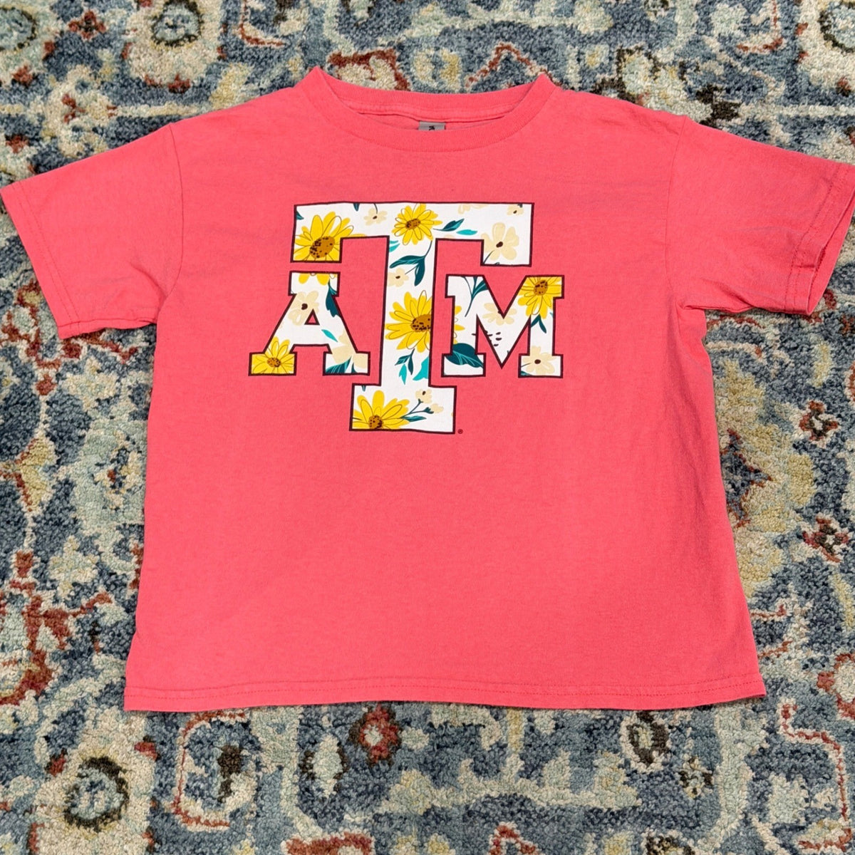 Gildan Texas A&M T-Shirt Girls Small Coral Floral Sunflowers Gameday EUC0