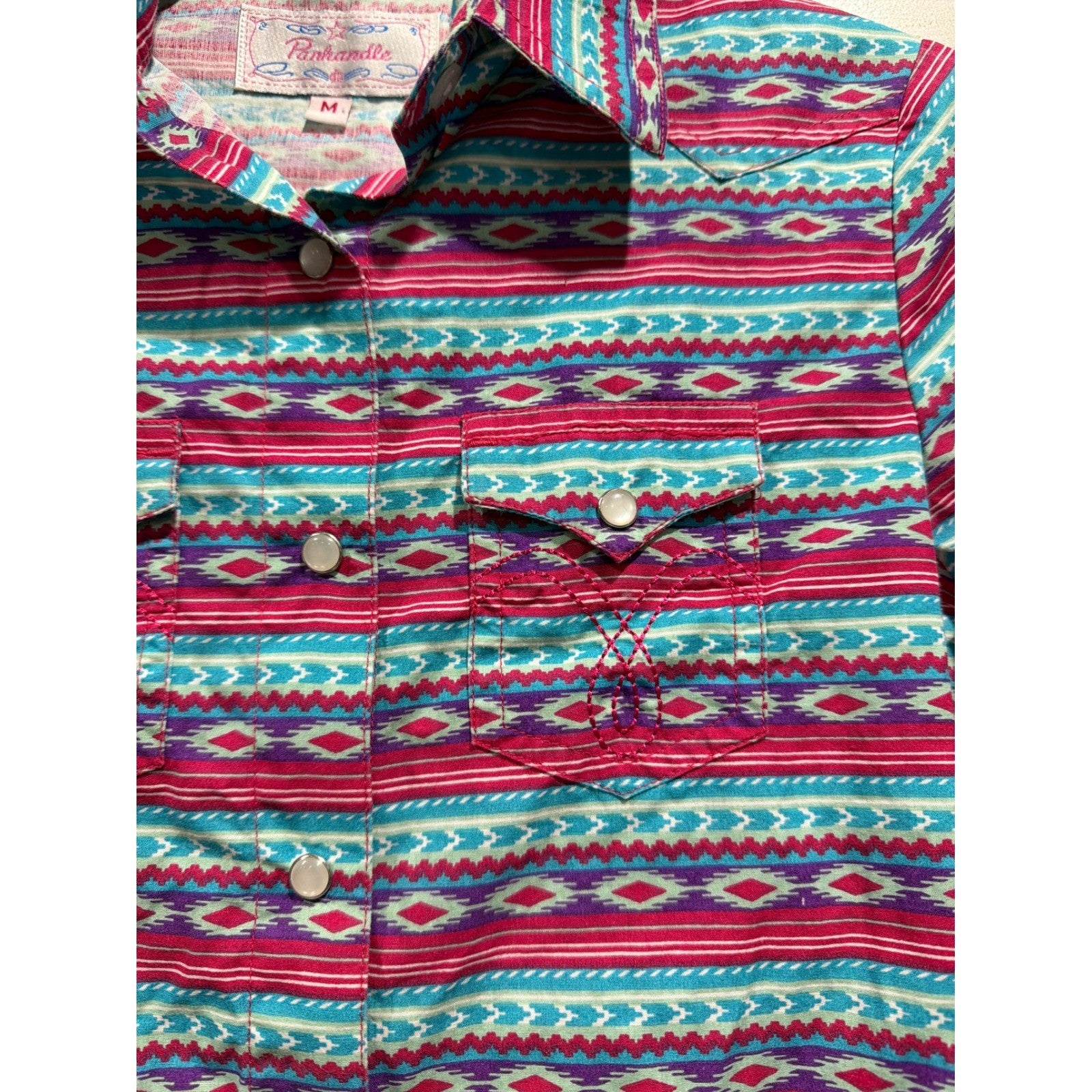 Panhandle Western Shirt Girls Medium Pink Aztec Pearl Snap Cowgirl EUC2