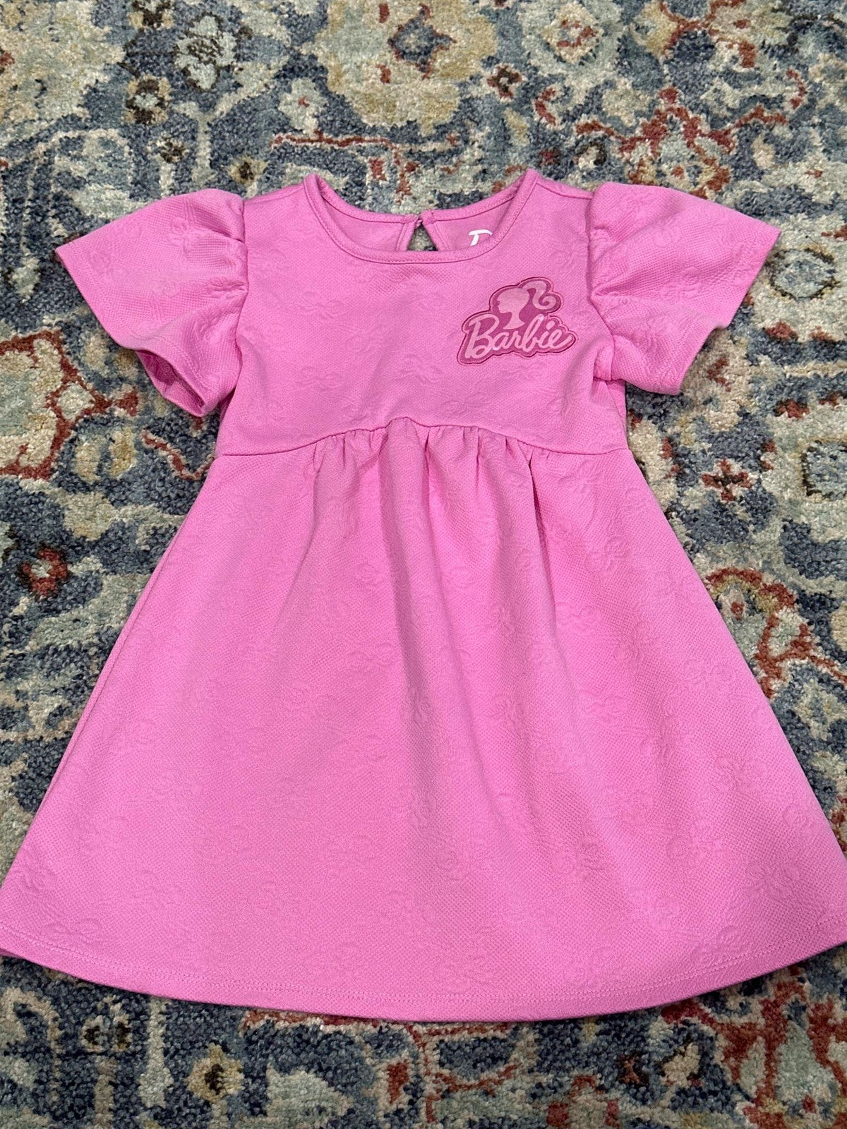 Barbie Dress Girls 4T Pink Textured Puff Sleeve Embossed Bows EUC0