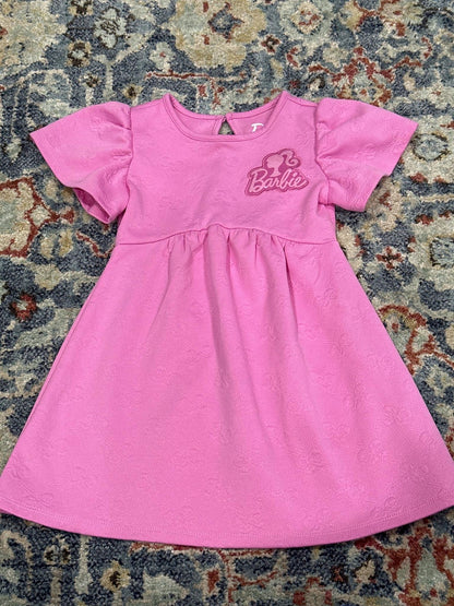 Barbie Dress Girls 4T Pink Textured Puff Sleeve Embossed Bows EUC0