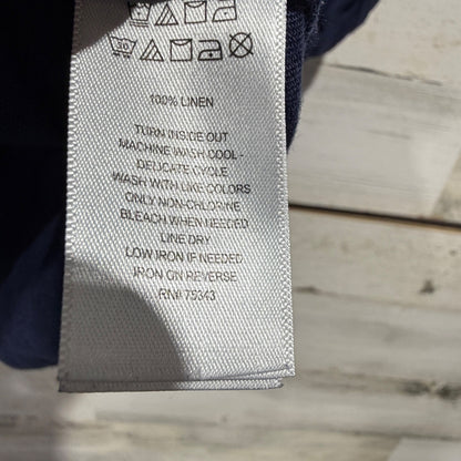 Sigrid Olsen Linen Shirt Women M Navy Blue Roll Tab Sleeve Coastal *Flawed*4