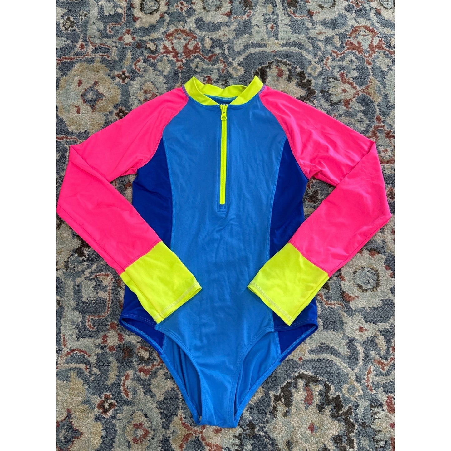 Lands' End Rash Guard Swimsuit Girls 14 Blue Pink Colorblock EUC0