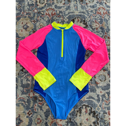 Lands' End Rash Guard Swimsuit Girls 14 Blue Pink Colorblock EUC0