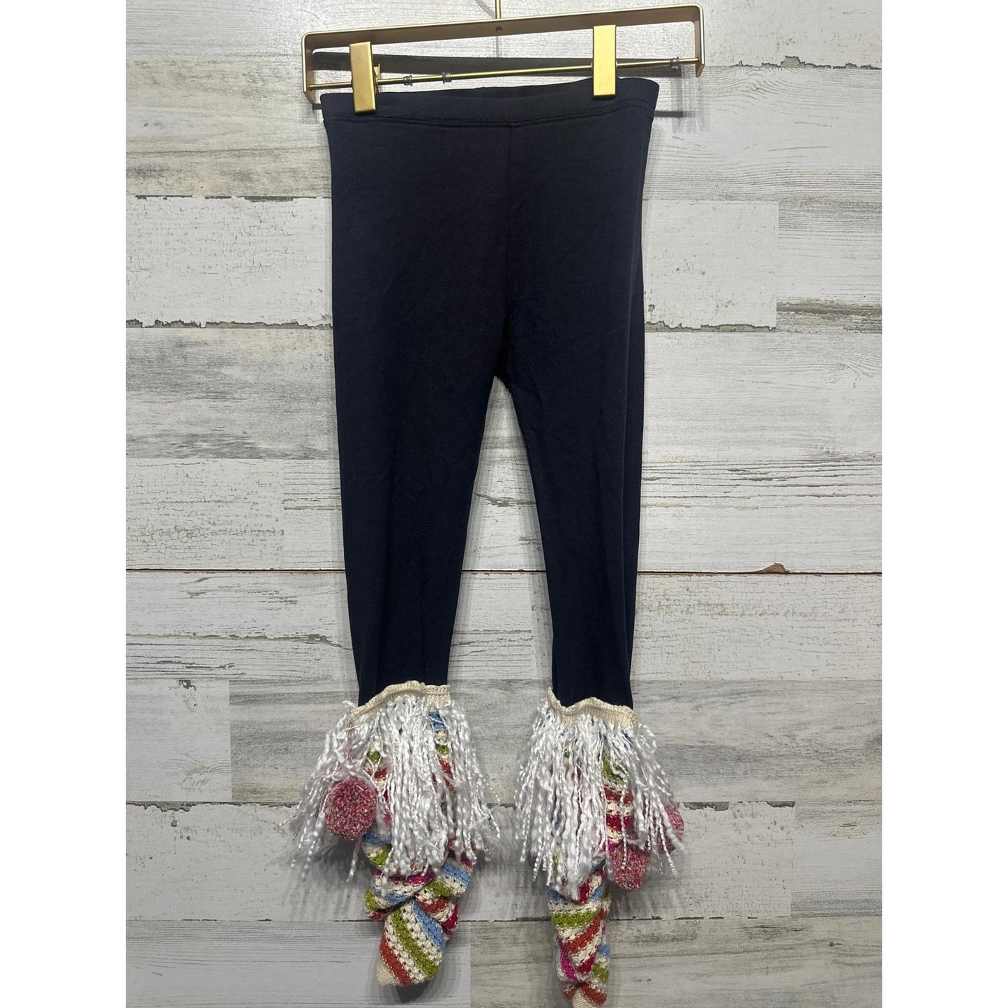 Mimi & Maggie Leggings Girls 6 Navy Stripe Pom Crochet Boho0