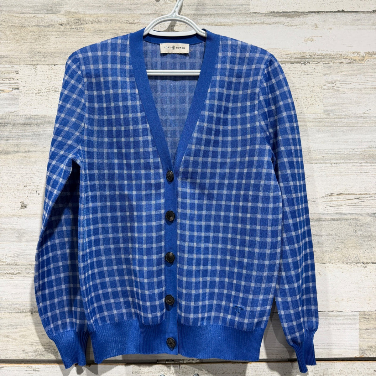 Tory Burch Gingham Cardigan Women Medium Blue Polyester Plaid Classic EUC0