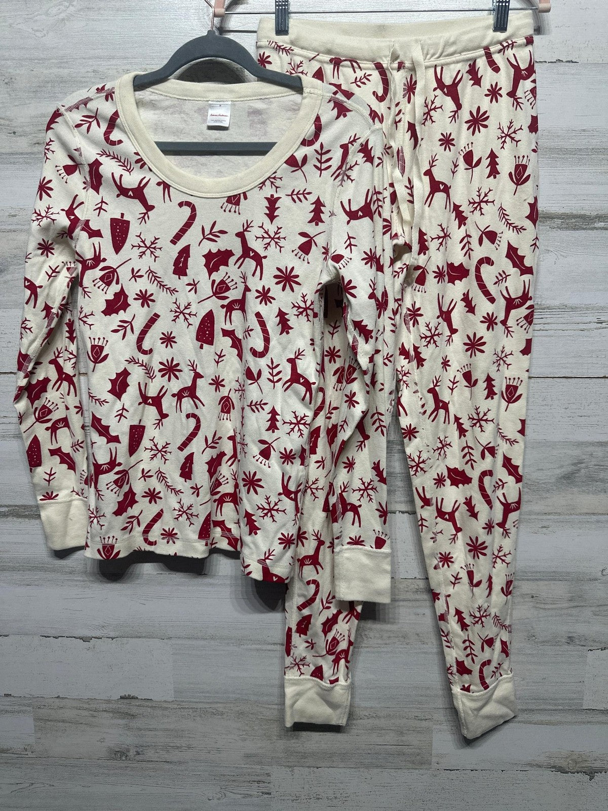 Hanna Andersson Pajama Set Womens M Ivory Red Reindeer Organic Cotton EUC0