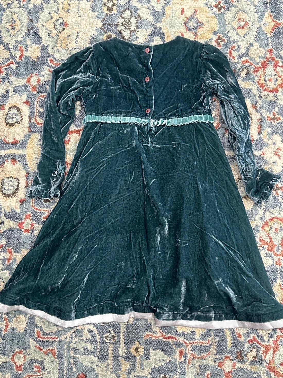 Le Top Velvet Dress Girls Size 6 Teal Beaded Floral Embroidery Holiday GUC5