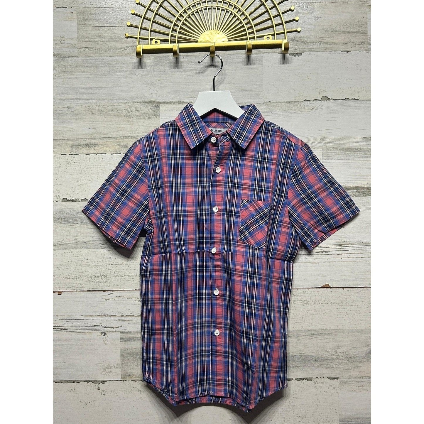 Tronjori Plaid Shirt Boys Size 10 Pink Navy Blue Short Sleeve Button Down NWT0
