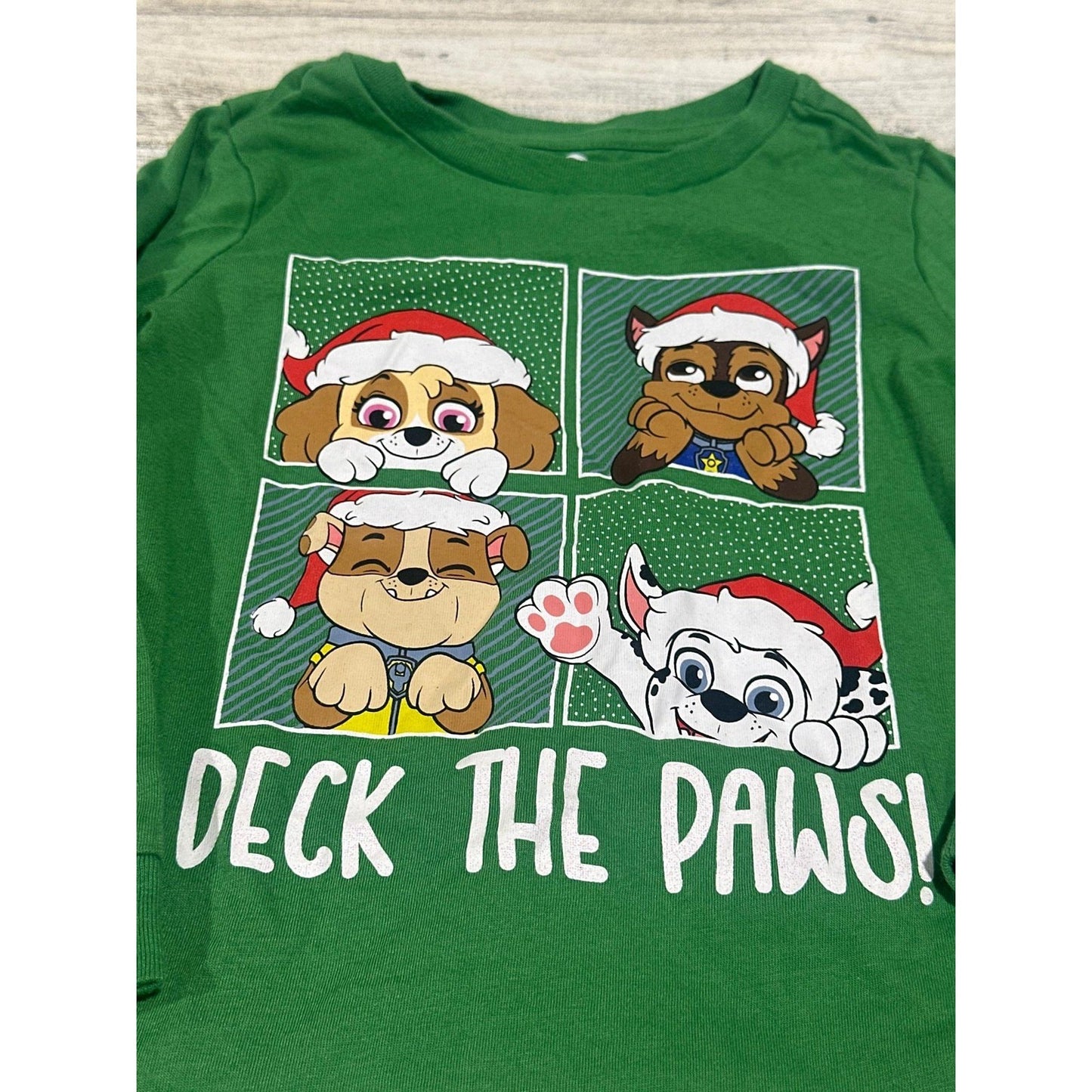 Paw Patrol Christmas Long Sleeve T-Shirt Girls 4T Green Deck the Paws EUC1
