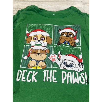 Paw Patrol Christmas Long Sleeve T-Shirt Girls 4T Green Deck the Paws EUC1