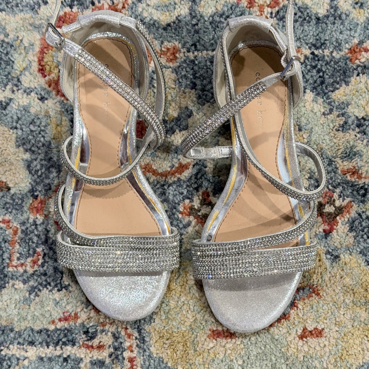 Copper Key Rhinestone Dress Sandals Girls 1 Silver Glitter Block Heel Glam GUC0