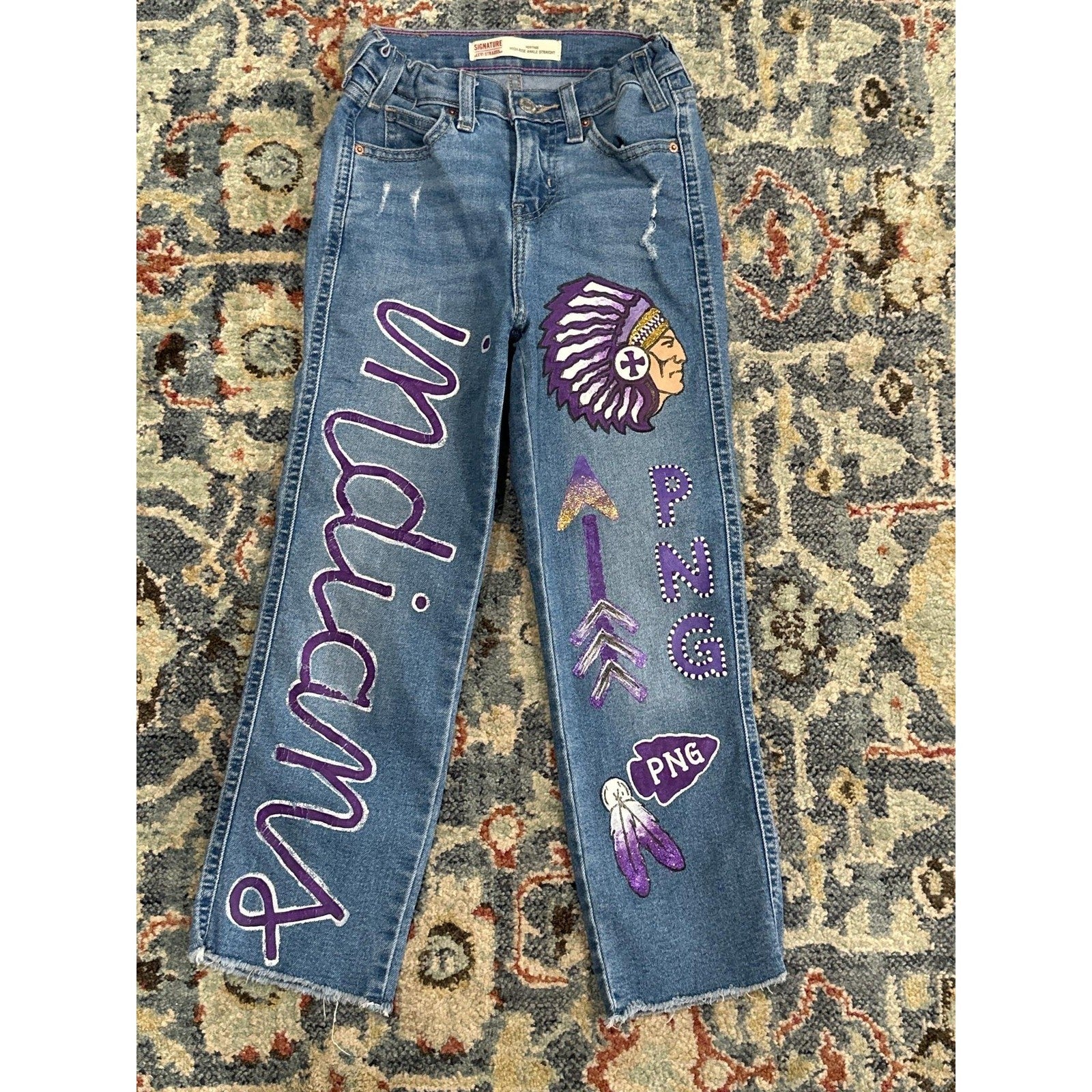 Signature Levi Strauss Custom Painted Jeans Kids 8 Blue PNG Indians Spirit0