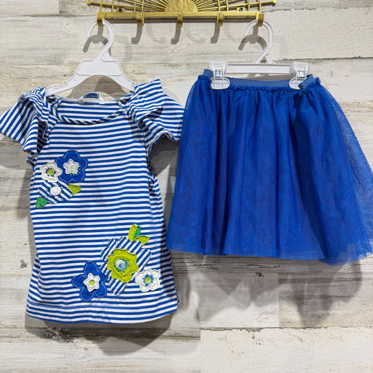 Mayoral Skirt Set Girls Size 8 Blue White Striped Floral Tulle Balletcore EUC0
