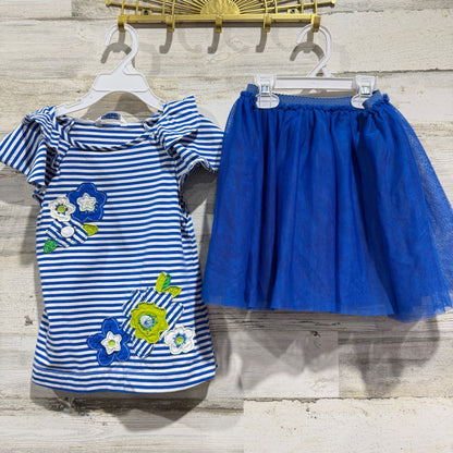 Mayoral Skirt Set Girls Size 8 Blue White Striped Floral Tulle Balletcore EUC0