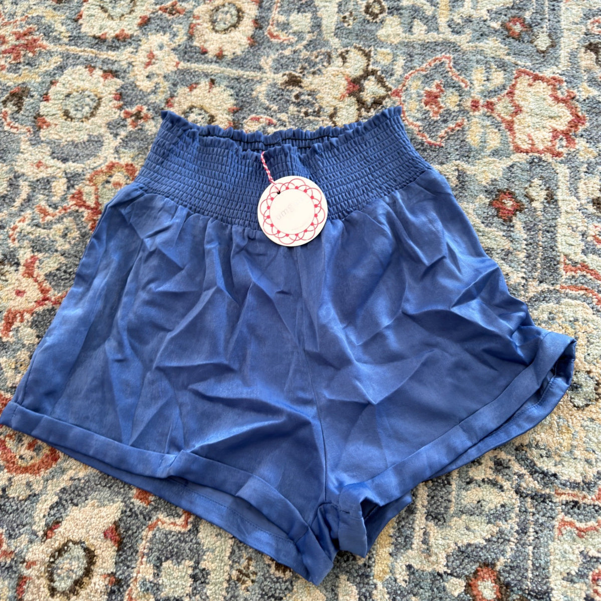 Umgee Satin Smocked Waist Shorts Women L Blue Boho NWT0