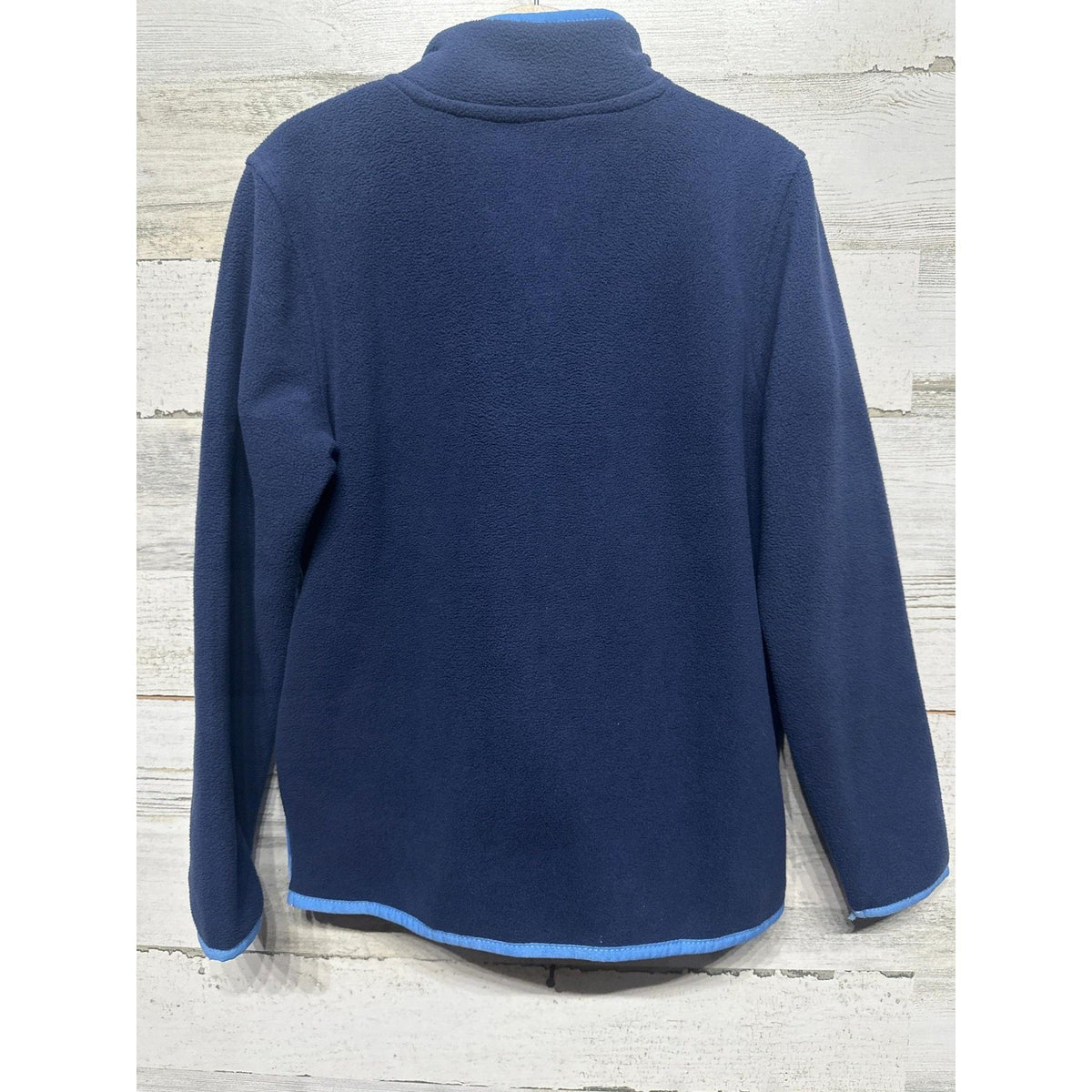 Lands End Fleece Pullover Boys 8 Navy Blue Snap Neck Geometric EUC2
