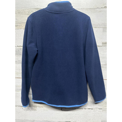 Lands End Fleece Pullover Boys 8 Navy Blue Snap Neck Geometric EUC2