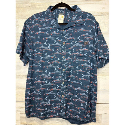Solaris Outdoors Shirt Mens XL Blue Fish Print Short Sleeve Camp Coastal Beach0