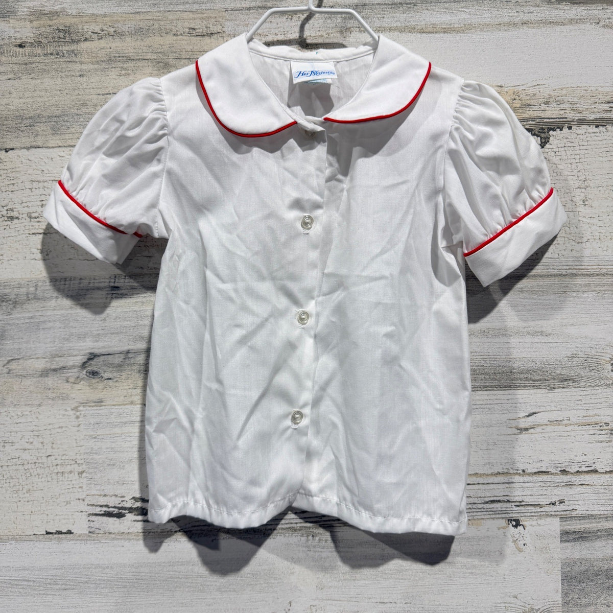 Her Majesty Blouse Girls 3 White Red Piped Cotton Blend Vintage0