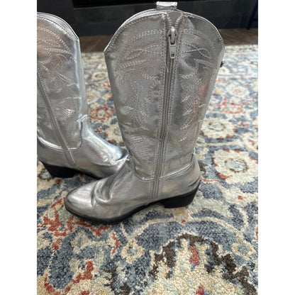 Silver Western Cowboy Boots Girls 3 Metallic Embroidered Pull On GUC6