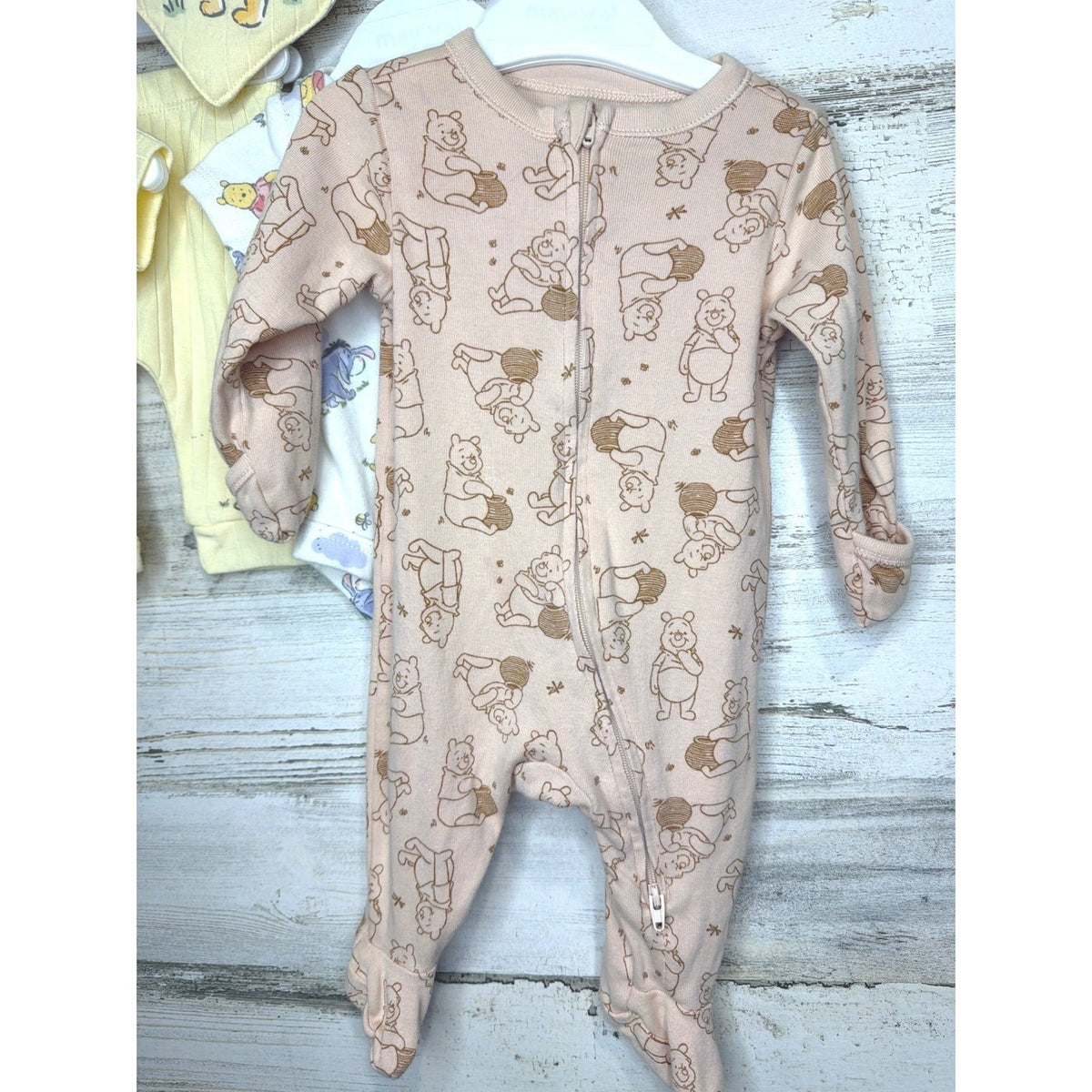 Disney Old Navy Winnie the Pooh Baby Bundle NB 0-3M Yellow Tan Ribbed EUC4