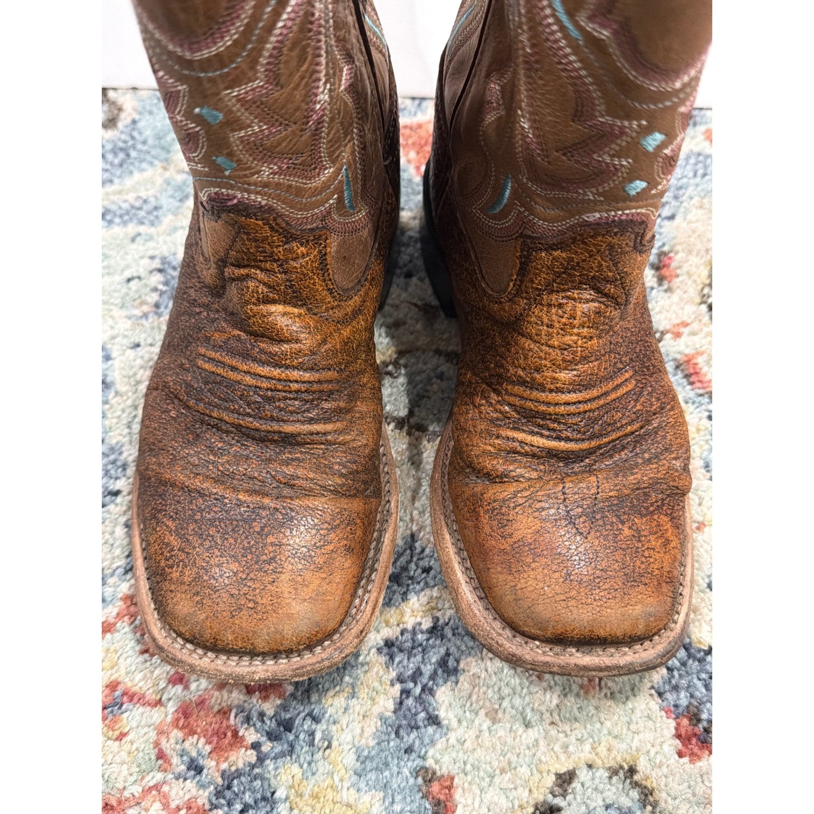 Old West Cowboy Boots Boys Size 13 D Brown Leather Western Square Toe GUC6