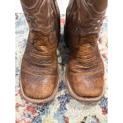 Old West Cowboy Boots Boys Size 13 D Brown Leather Western Square Toe GUC6
