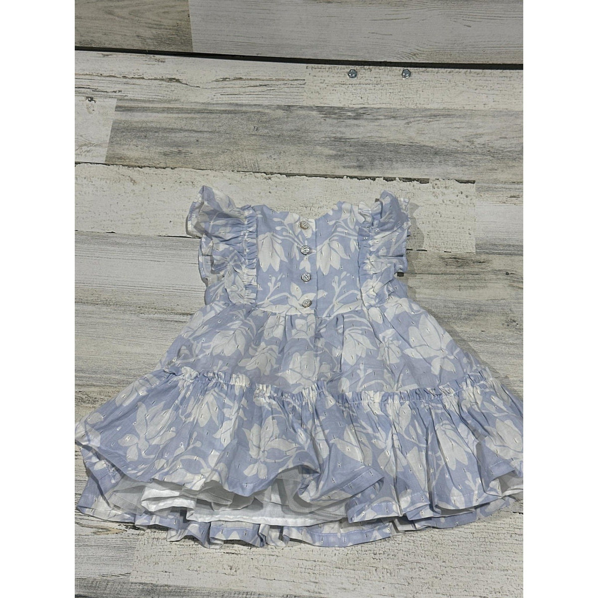 Jason Wu Floral Tiered Dress Girls 12M Blue Gold Shimmer Ruffle EUC1