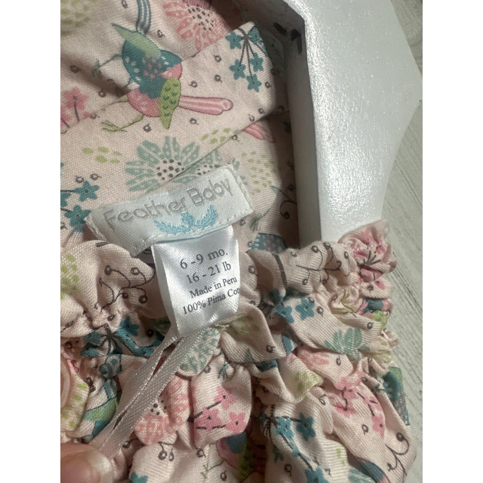Feather Baby Dress Set Girls 6-9M Pink Bird Smocked Pima Cotton NWT3
