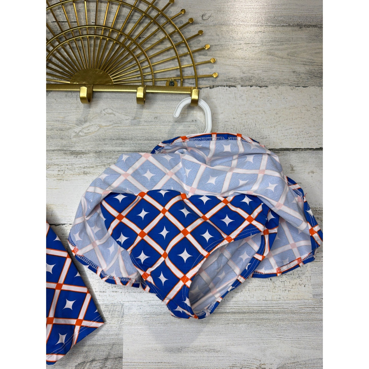 Mia Belle Swimsuit Girls 4T/5Y Blue Orange Geometric Rash Guard Skirt Set EUC3