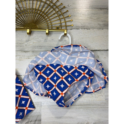 Mia Belle Swimsuit Girls 4T/5Y Blue Orange Geometric Rash Guard Skirt Set EUC3