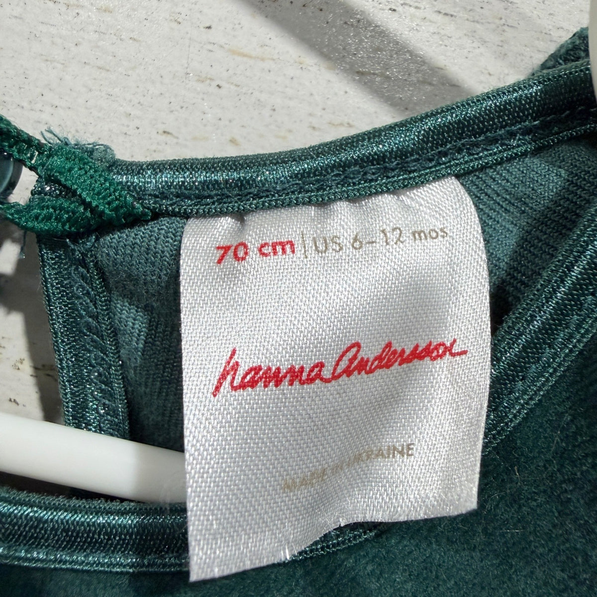Hanna Andersson Velour Ruffle Dress Girls 6-12M Green Cotton Blend Holiday EUC1
