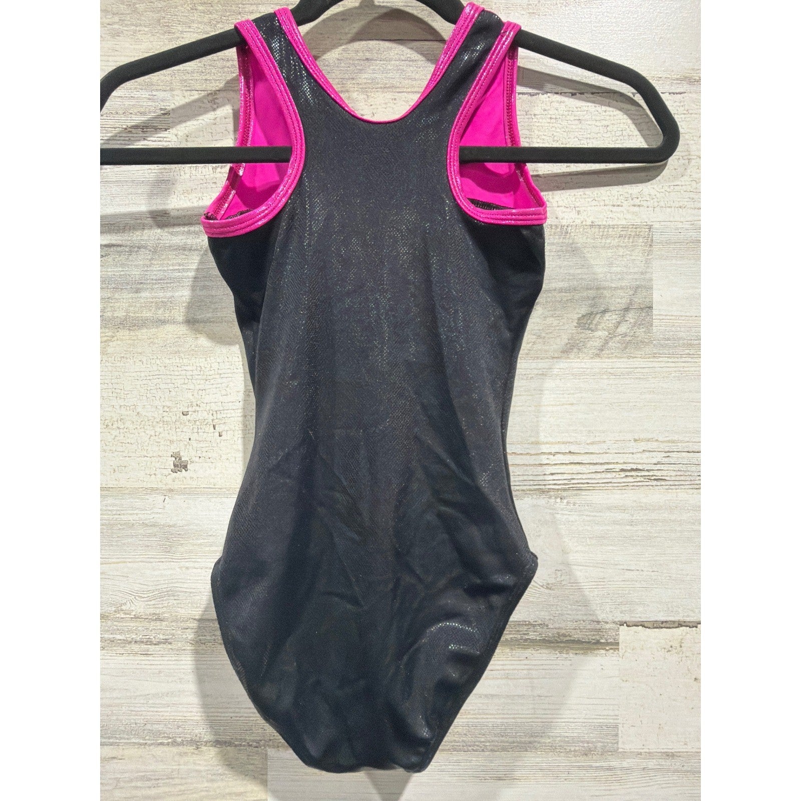 Alpha Factor Aerial Leotard Girls Large Pink Black Shiny Gymnastics EUC3