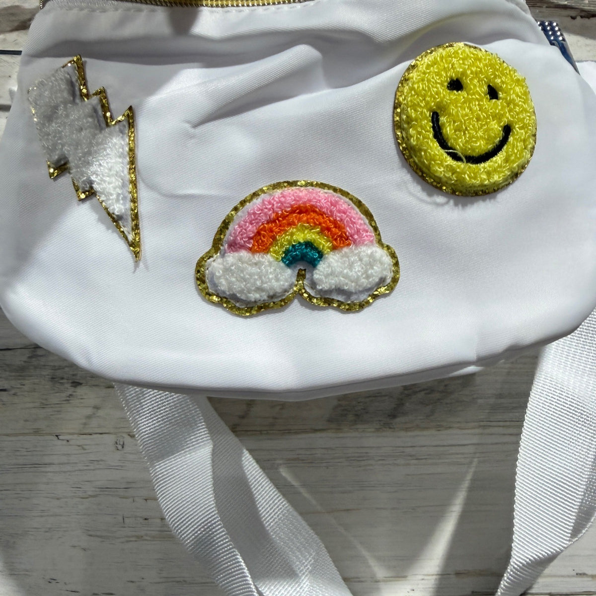 Patched Smiley Rainbow Fanny Pack Belt Bag Girls OS White Polyester Retro EUC1
